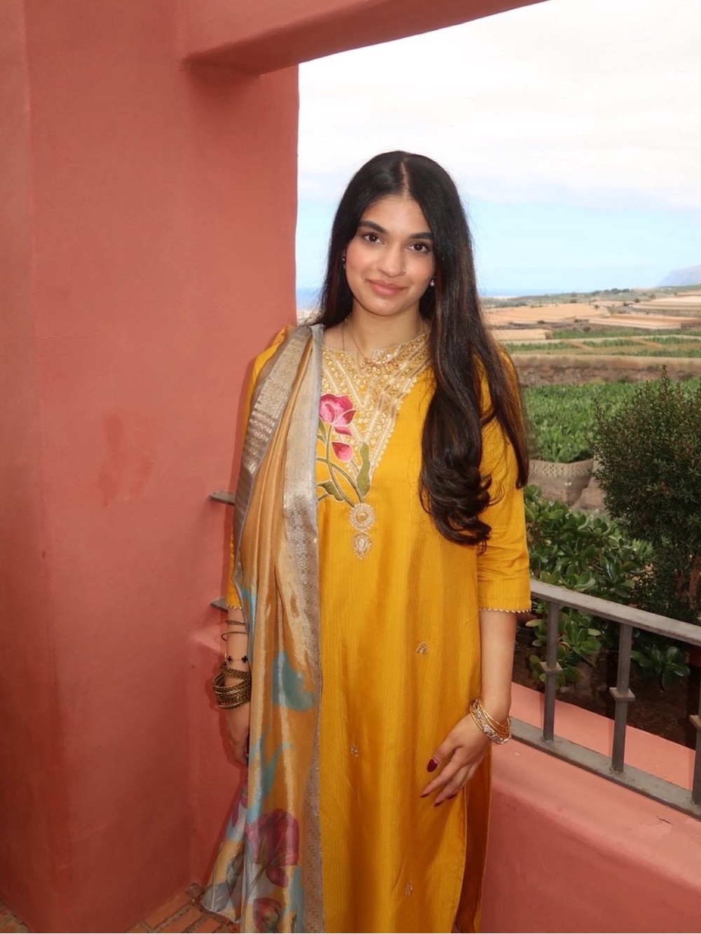 Mustard Yellow Embroidered Pakistani/Kurti Dress with Floral Dupatta